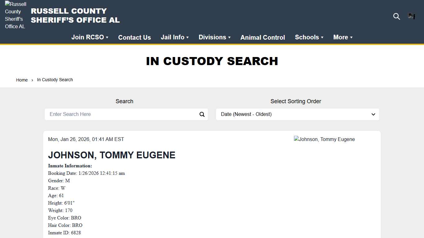 In Custody Search Russell County Sheriff’s Office AL